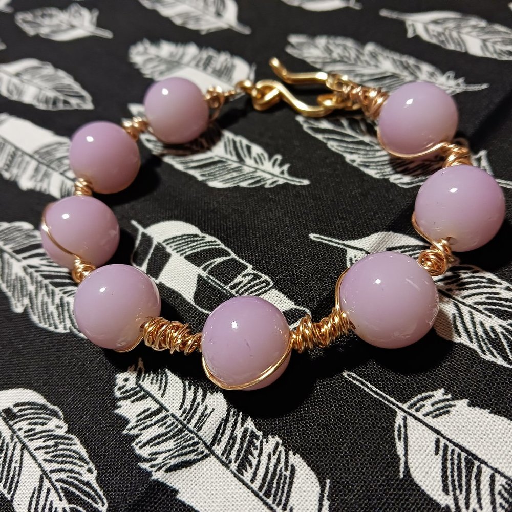 Vintage Pink Quartz Copper Wire Bracelet with Hook Clasp